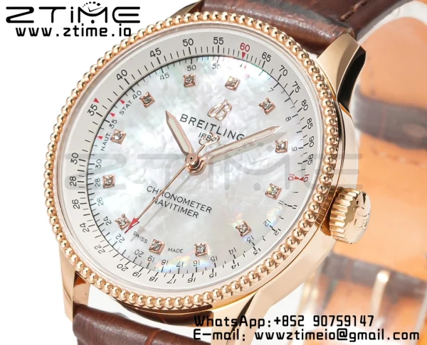 Breitling Navitimer 1 RG 35mm BLS 1:1 Best Edition MOP Diamond Dial on Brown Leather Strap A2824 - Super Clone Watch | 1:1 Best Version
