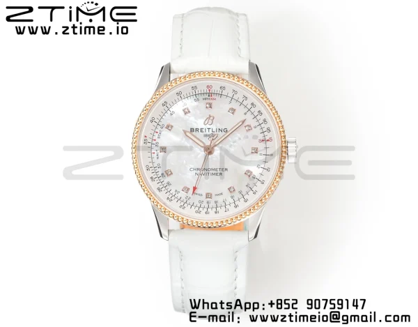Breitling Navitimer 1 RG 35mm BLS 1:1 Best Edition MOP Diamond Dial on White Leather Strap A2824 - Super Clone Watch | 1:1 Best Version