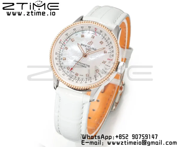 Breitling Navitimer 1 RG 35mm BLS 1:1 Best Edition MOP Diamond Dial on White Leather Strap A2824 - Super Clone Watch | 1:1 Best Version