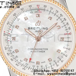 Breitling Navitimer 1 RG 35mm BLS 1:1 Best Edition MOP Diamond Dial on White Leather Strap A2824 - Super Clone Watch | 1:1 Best Version