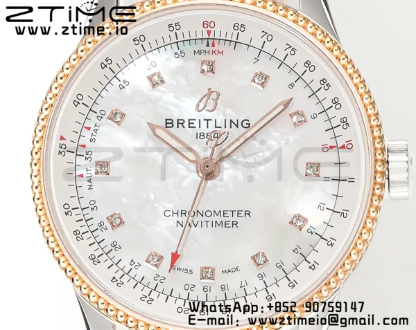 Breitling Navitimer 1 RG 35mm BLS 1:1 Best Edition MOP Diamond Dial on White Leather Strap A2824 - Super Clone Watch | 1:1 Best Version