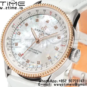 Breitling Navitimer 1 RG 35mm BLS 1:1 Best Edition MOP Diamond Dial on White Leather Strap A2824 - Super Clone Watch | 1:1 Best Version