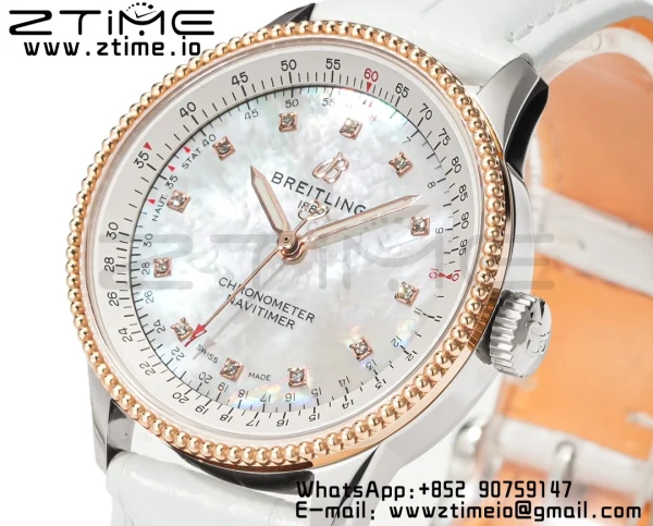 Breitling Navitimer 1 RG 35mm BLS 1:1 Best Edition MOP Diamond Dial on White Leather Strap A2824 - Super Clone Watch | 1:1 Best Version