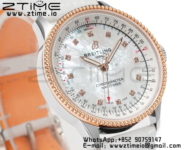 Breitling Navitimer 1 RG 35mm BLS 1:1 Best Edition MOP Diamond Dial on White Leather Strap A2824 - Super Clone Watch | 1:1 Best Version
