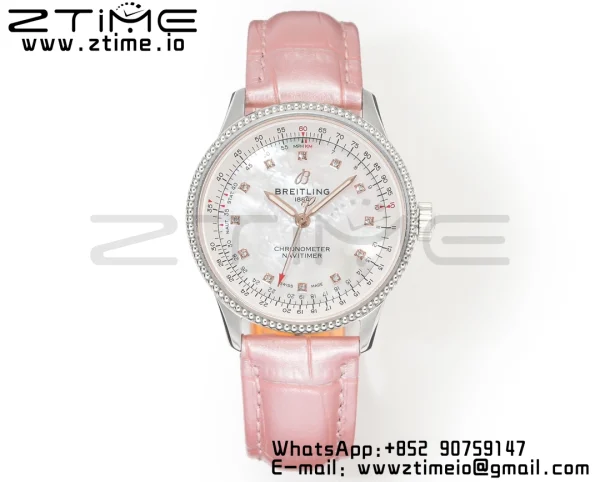 Breitling Navitimer 1 SS 35mm BLS 1:1 Best Edition MOP Diamond Dial on Pink Leather Strap A2824 - Super Clone Watch | 1:1 Best Version