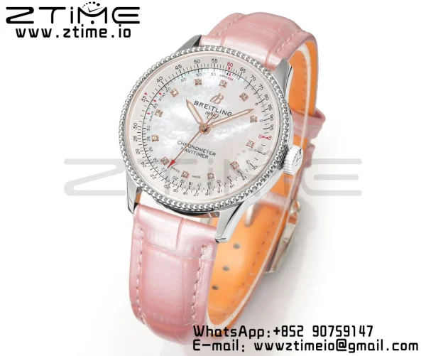 Breitling Navitimer 1 SS 35mm BLS 1:1 Best Edition MOP Diamond Dial on Pink Leather Strap A2824 - Super Clone Watch | 1:1 Best Version