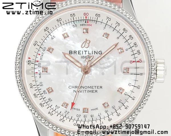 Breitling Navitimer 1 SS 35mm BLS 1:1 Best Edition MOP Diamond Dial on Pink Leather Strap A2824 - Super Clone Watch | 1:1 Best Version