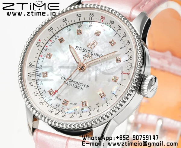 Breitling Navitimer 1 SS 35mm BLS 1:1 Best Edition MOP Diamond Dial on Pink Leather Strap A2824 - Super Clone Watch | 1:1 Best Version