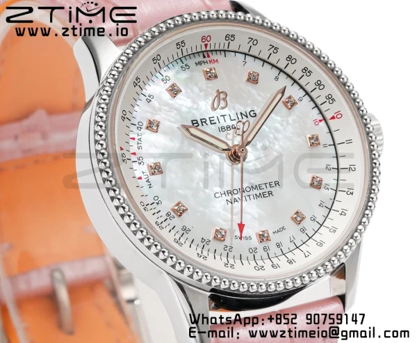 Breitling Navitimer 1 SS 35mm BLS 1:1 Best Edition MOP Diamond Dial on Pink Leather Strap A2824 - Super Clone Watch | 1:1 Best Version