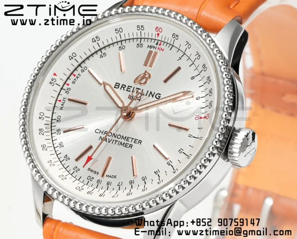 Breitling Navitimer 1 A17395F41G1P3 SS 35mm BLS 1:1 Best Edition Silvery Dial on Brown Leather Strap A2824 - Super Clone Watch | 1:1 Best Version