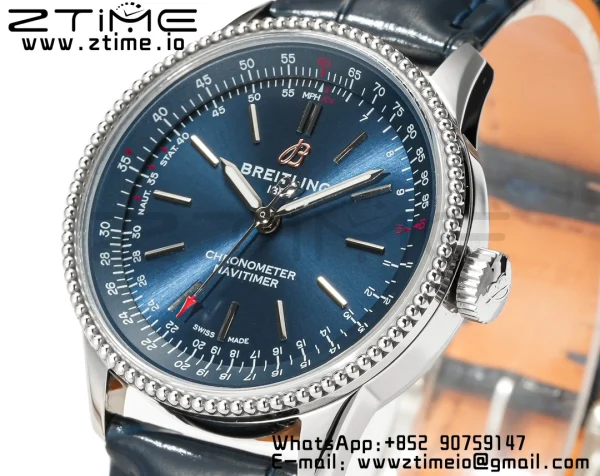 Breitling Navitimer 1 A17395161C1P2 SS 35mm BLS 1:1 Best Edition Quadrante argentato su cinturino in pelle blu A2824 - Orologio Super Clone | 1:1 Best Version