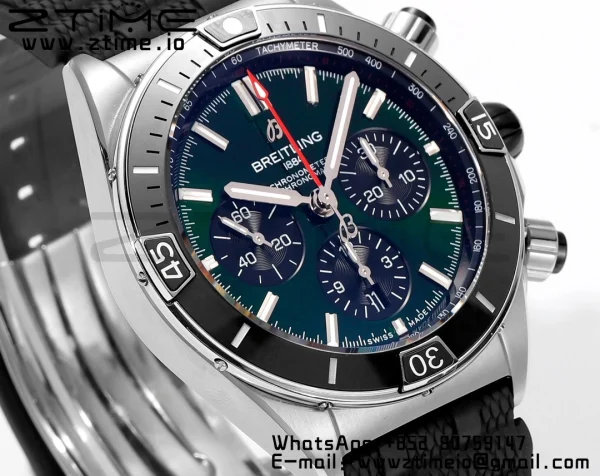 Breitling Chronomat B01 AB0136251L1S1 44mm SS BLS 1:1 Best Edition  Green Dial on Black Rubber Strap A7750 - Super Clone Watch | 1:1 Best Version