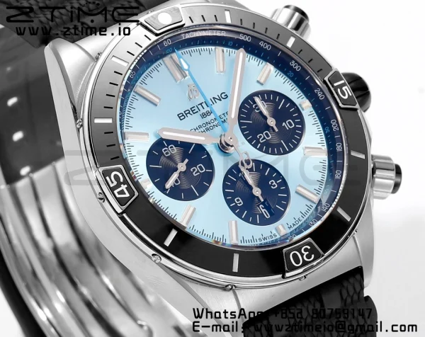Breitling Chronomat B01 PB0136251C1S1  44mm SS BLS 1:1 Best Edition Ice Blue Dial on Black Rubber Strap A7750 - Super Clone Watch | 1:1 Best Version
