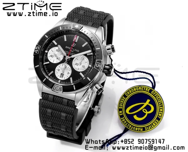 Breitling Chronomat B01 AB0136251B1S1 44mm SS BLS 1:1 Best Edition Black Dial on Black Rubber Strap A7750 - Super Clone Watch | 1:1 Best Version