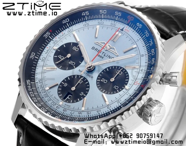Breitling Navitimer B01 43mm SS BLS 1:1 Best Edition Quadrante blu chiaro su cinturino in pelle nera A7750 - Orologio Super Clone | 1:1 Best Version