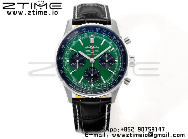 Breitling Navitimer B01 43mm SS BLS 1:1 Best Edition Navy Green Dial on Black Leather Strap A7750 - Super Clone Watch | 1:1 Best Version
