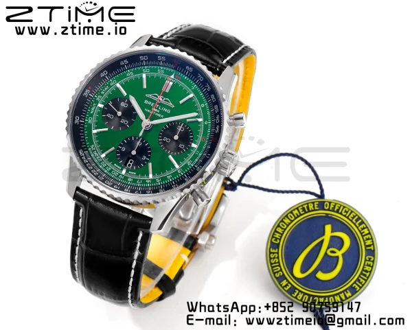 Breitling Navitimer B01 43mm SS BLS 1:1 Best Edition Navy Green Dial on Black Leather Strap A7750 - Super Clone Watch | 1:1 Best Version