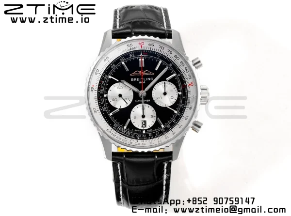 Breitling Navitimer B01 43mm SS BLS 1:1 Best Edition Black Dial on Black Leather Strap A7750 - Super Clone Watch | 1:1 Best Version