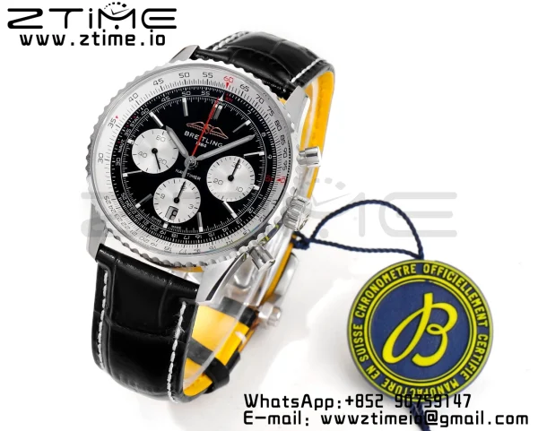 Breitling Navitimer B01 43mm SS BLS 1:1 Best Edition Black Dial on Black Leather Strap A7750 - Super Clone Watch | 1:1 Best Version