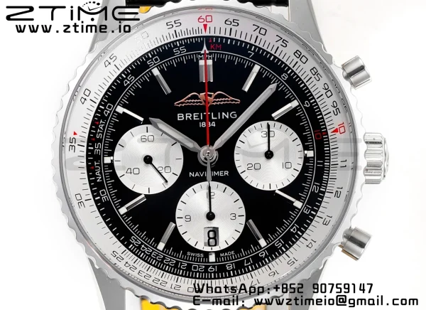 Breitling Navitimer B01 43mm SS BLS 1:1 Best Edition Black Dial on Black Leather Strap A7750 - Super Clone Watch | 1:1 Best Version