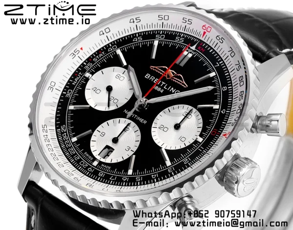 Breitling Navitimer B01 43mm SS BLS 1:1 Best Edition Black Dial on Black Leather Strap A7750 - Super Clone Watch | 1:1 Best Version