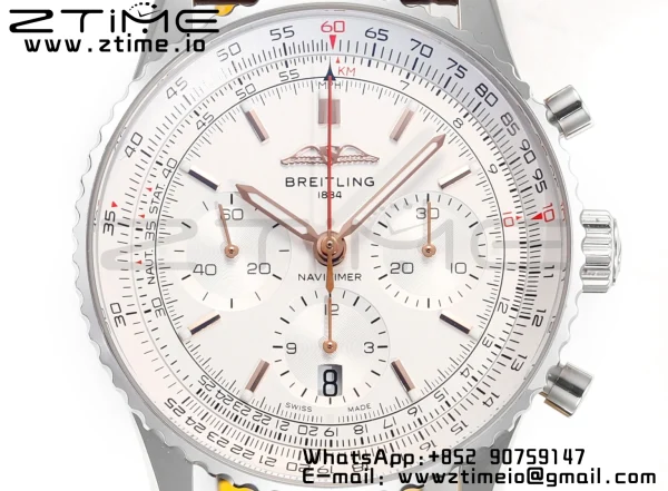 Breitling Navitimer B01 43mm SS BLS 1:1 Best Edition White Dial musta nahkahihna A7750 - Super Clone Watch | 1:1 Paras versio