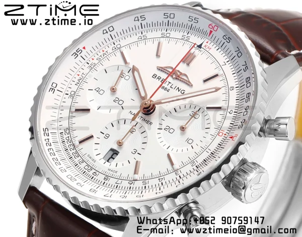 Breitling Navitimer B01 43mm SS BLS 1:1 Best Edition White Dial musta nahkahihna A7750 - Super Clone Watch | 1:1 Paras versio