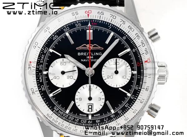Breitling Navitimer B01 43mm SS BLS 1:1 Best Edition Quadrante nero su cinturino in pelle nera A7750 - Orologio Super Clone | 1:1 Best Version
