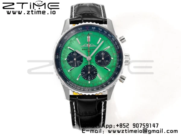 Breitling Navitimer B01 43mm SS BLS 1:1 Best Edition Green Dial on Black Leather Strap A7750 - Super Clone Watch | 1:1 Best Version