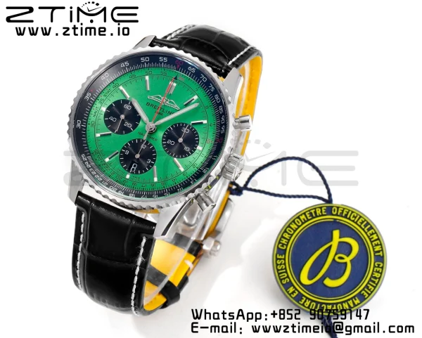Breitling Navitimer B01 43mm SS BLS 1:1 Best Edition Green Dial on Black Leather Strap A7750 - Super Clone Watch | 1:1 Best Version