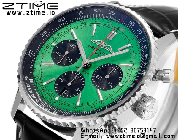 Breitling Navitimer B01 43mm SS BLS 1:1 Best Edition Green Dial on Black Leather Strap A7750 - Super Clone Watch | 1:1 Best Version