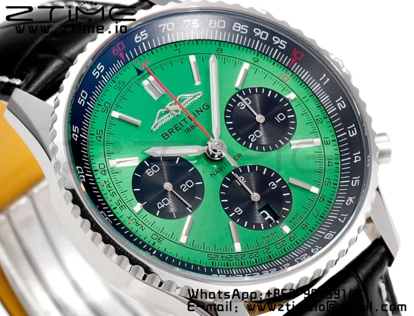 Breitling Navitimer B01 43mm SS BLS 1:1 Best Edition Green Dial on Black Leather Strap A7750 - Super Clone Watch | 1:1 Best Version