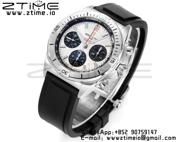 Breitling Chronomat B01 AB0134101G1S1 42mm SS BLS 1:1 Best Edition Silvery Dial on Black Rubber Strap A7750 - Super Clone Watch | 1:1 Best Version