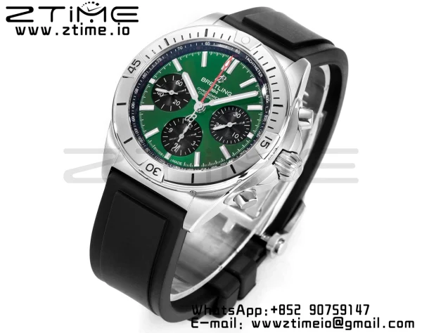 Breitling Chronomat B01 AB01343A1L1A1 42mm SS BLS 1:1 Best Edition Green Dial on Black Rubber Strap A7750 - Super Clone Watch | 1:1 Best Version
