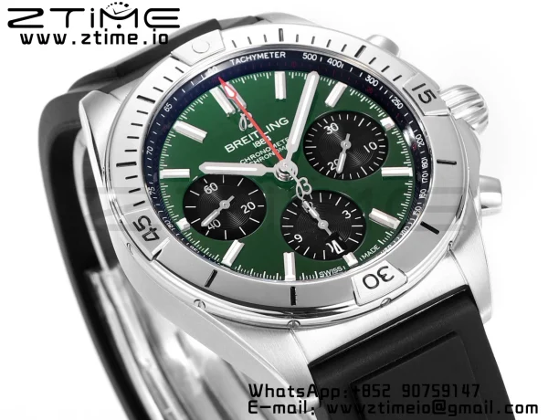 Breitling Chronomat B01 AB01343A1L1A1 42mm SS BLS 1:1 Best Edition Green Dial on Black Rubber Strap A7750 - Super Clone Watch | 1:1 Best Version