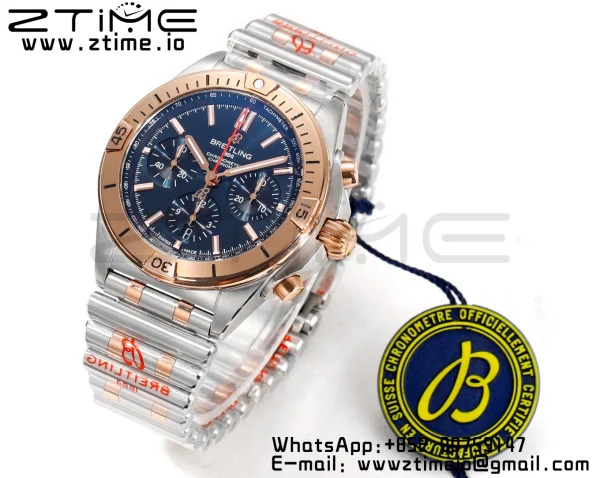 Breitling Chronomat B01 UB0134101C1U1 42mm SS/RG BLS 1:1 Best Edition Blue Dial on Stainless Steel Strap A7750 - Super Clone Watch | 1:1 Best Version