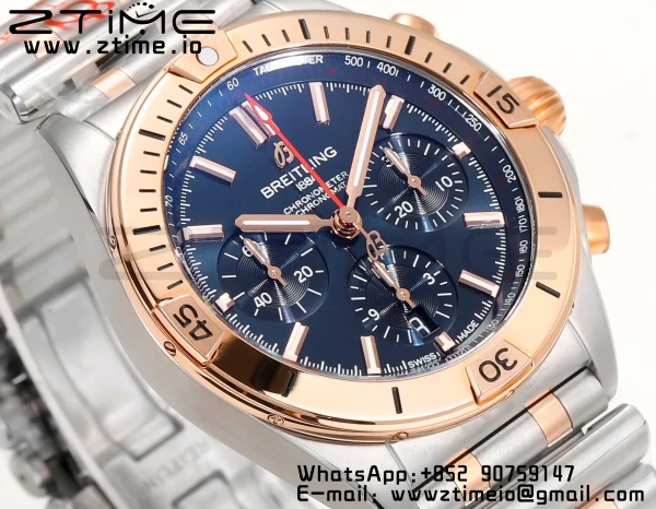 Breitling Chronomat B01 UB0134101C1U1 42mm SS/RG BLS 1:1 Best Edition Blue Dial on Stainless Steel Strap A7750 - Super Clone Watch | 1:1 Best Version