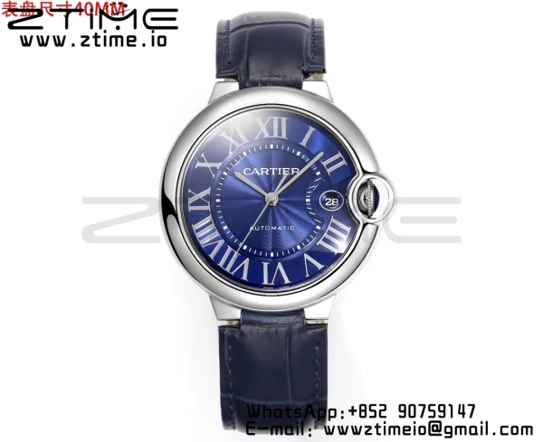Cartier Ballon Bleu WSBB0061 40 χιλιοστά SS CHF 1:1 Best Edition Blue Texture Dial on Blue Leather Strap A2824 (Quick Release) - Super Clone Watch | 1:1 Best Version
