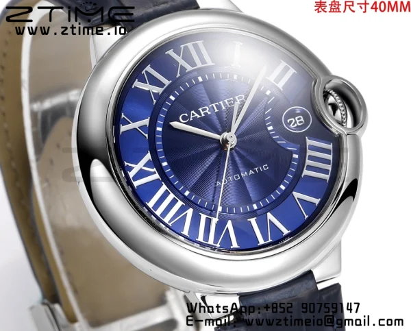 Cartier Ballon Bleu WSBB0061 40 χιλιοστά SS CHF 1:1 Best Edition Blue Texture Dial on Blue Leather Strap A2824 (Quick Release) - Super Clone Watch | 1:1 Best Version