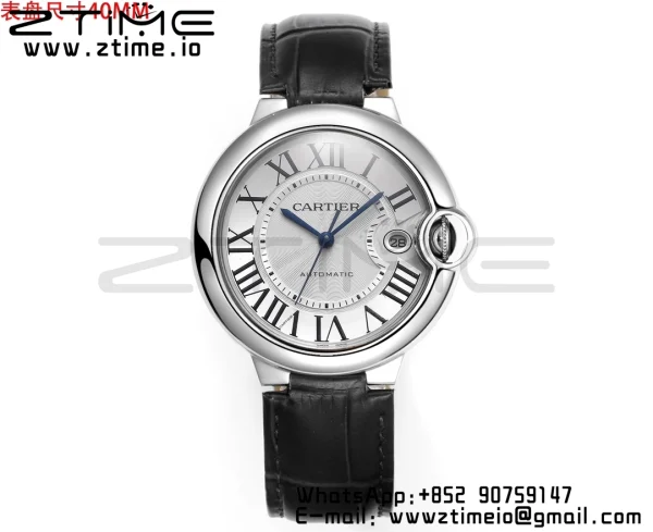 Cartier Ballon Bleu WSBB0039 40mm SS CHF 1:1 Best Edition Silvery Texture Dial on Black Leather Strap  A2824 (Quick Release) - Super Clone Watch | 1:1 Best Version