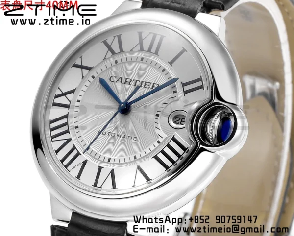 Cartier Ballon Bleu WSBB0039 40mm SS CHF 1:1 Best Edition Silvery Texture Dial on Black Leather Strap  A2824 (Quick Release) - Super Clone Watch | 1:1 Best Version