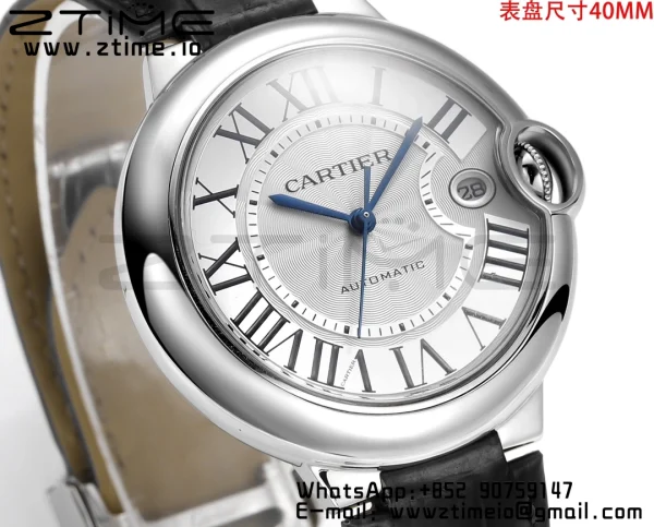 Cartier Ballon Bleu WSBB0039 40mm SS CHF 1:1 Best Edition Silvery Texture Dial on Black Leather Strap  A2824 (Quick Release) - Super Clone Watch | 1:1 Best Version