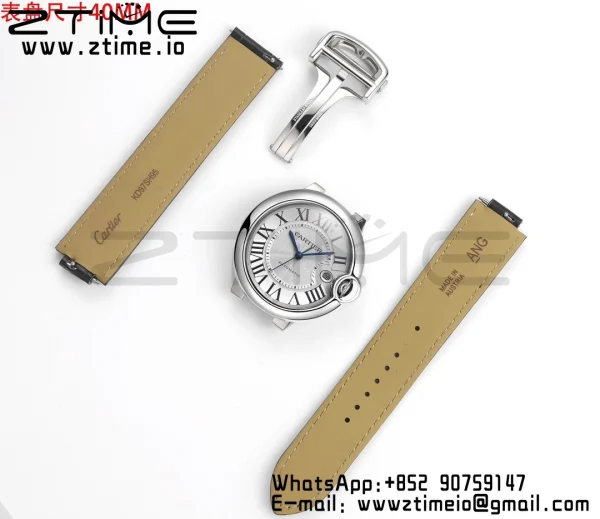 Cartier Ballon Bleu WSBB0039 40mm SS CHF 1:1 Best Edition Silvery Texture Dial on Black Leather Strap  A2824 (Quick Release) - Super Clone Watch | 1:1 Best Version