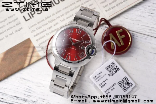 Cartier Ballon Bleu WSBB0052 33mm SS AF 1:1 Best Edition Red Dial on SS Bracelet SEIKO NH05A - Super Clone Watch | 1:1 Best Version
