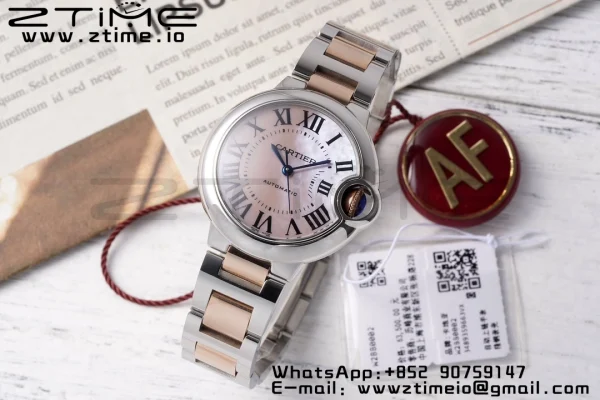 Cartier Ballon Bleu W6920070 33mm SS/RG AF 1:1 Best Edition Cadran roz MOP pe brățară SS/RG SEIKO NH05A - Super Clone Watch | 1:1 Best Version