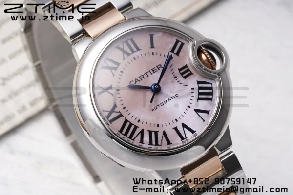 Cartier Ballon Bleu W6920070 33mm SS/RG AF 1:1 Best Edition Cadran roz MOP pe brățară SS/RG SEIKO NH05A - Super Clone Watch | 1:1 Best Version
