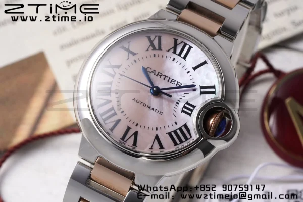 Cartier Ballon Bleu W6920070 33mm SS/RG AF 1:1 Best Edition Cadran roz MOP pe brățară SS/RG SEIKO NH05A - Super Clone Watch | 1:1 Best Version