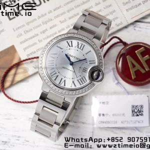 Cartier Ballon Bleu W4BB0028 33mm SS AF 1:1 Best Edition Silver Dial Diamonds Bezel on SS Bracelet SEIKO NH05A - Super Clone Watch | 1:1 Best Version