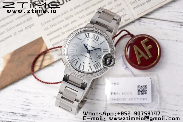 Cartier Ballon Bleu W4BB0028 33mm SS AF 1:1 Best Edition Silver Dial Diamonds Bezel on SS Bracelet SEIKO NH05A - Super Clone Watch | 1:1 Best Version
