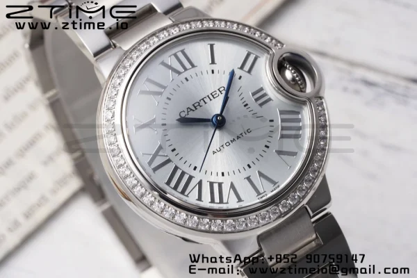 Cartier Ballon Bleu W4BB0028 33mm SS AF 1:1 Best Edition Silver Dial Diamonds Bezel on SS Bracelet SEIKO NH05A - Super Clone Watch | 1:1 Best Version
